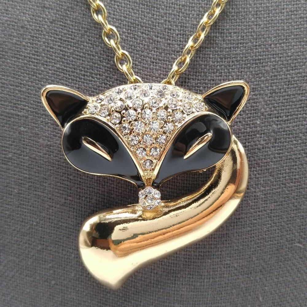 Fox Pendant Brooch Necklace, Black Enamel, Clear Rhinestones, 36" Chain